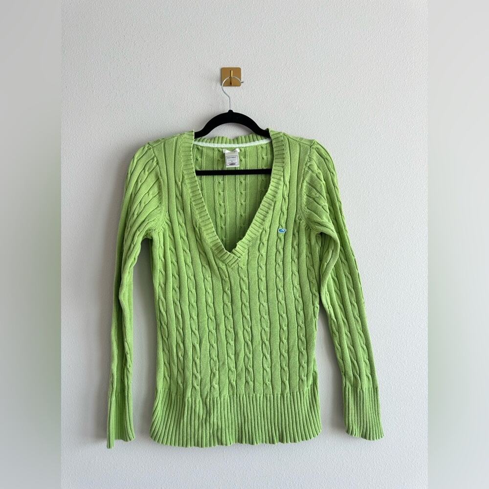 Vintage Y2K Old Navy Lime Green Cable Knit Cotton Sweater Whale Logo – Size L